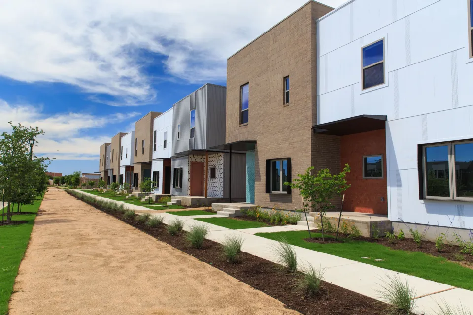 Row of new contemporary rowhouses in Austin, Texas